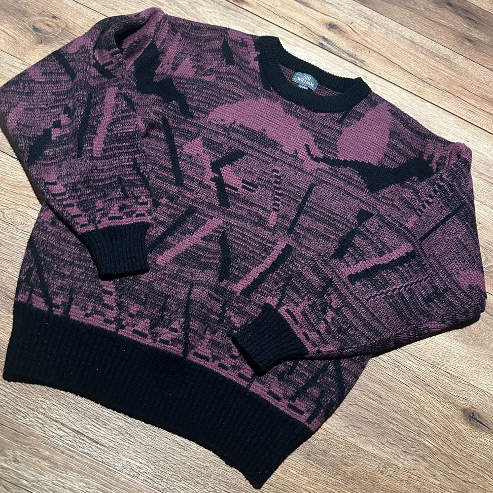 Vintage Sir William Purple Black Abstract Knit Sweater Mens Large